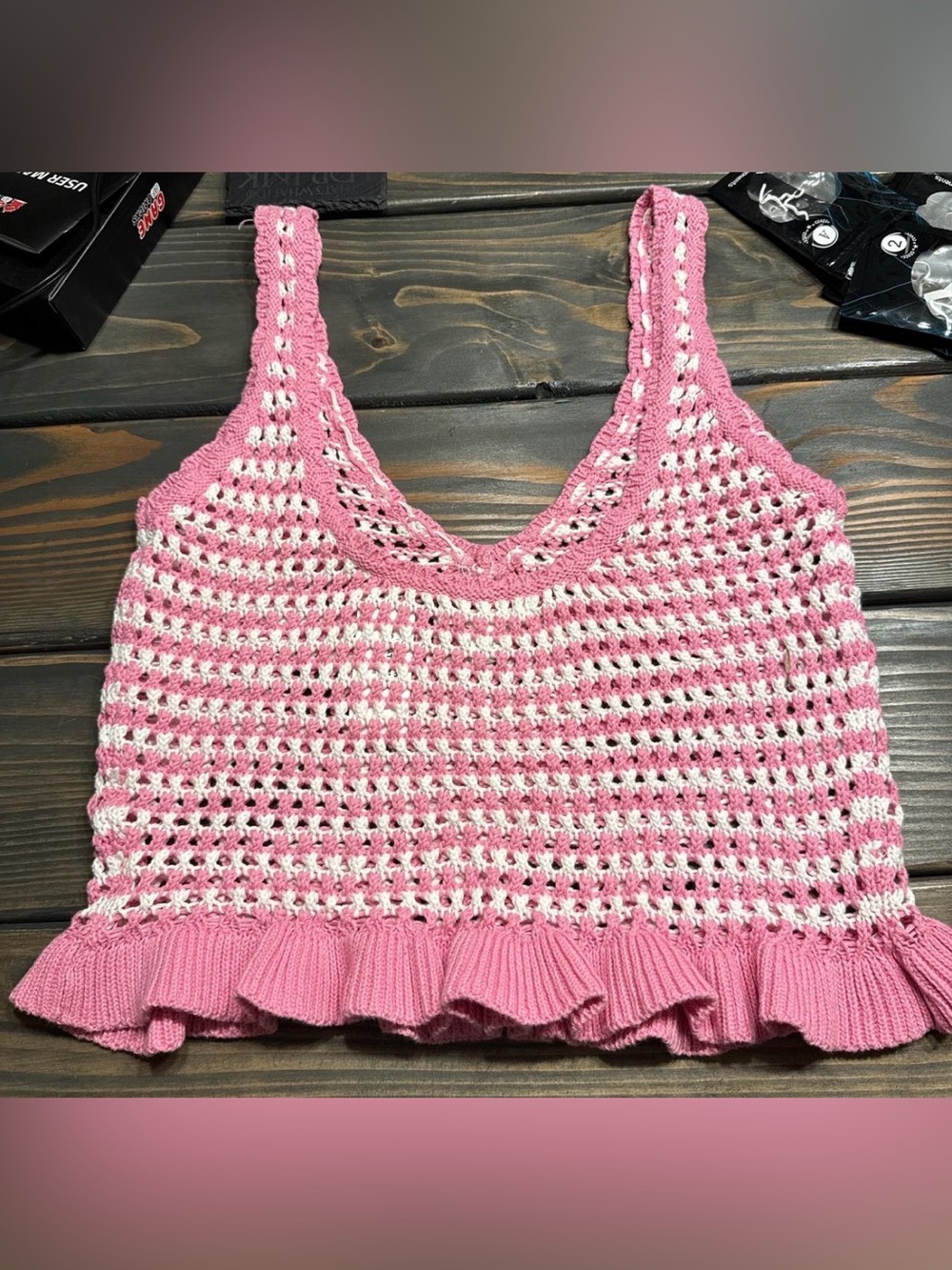Tilly's Pink and White Crochet Ruffle Peplum tank